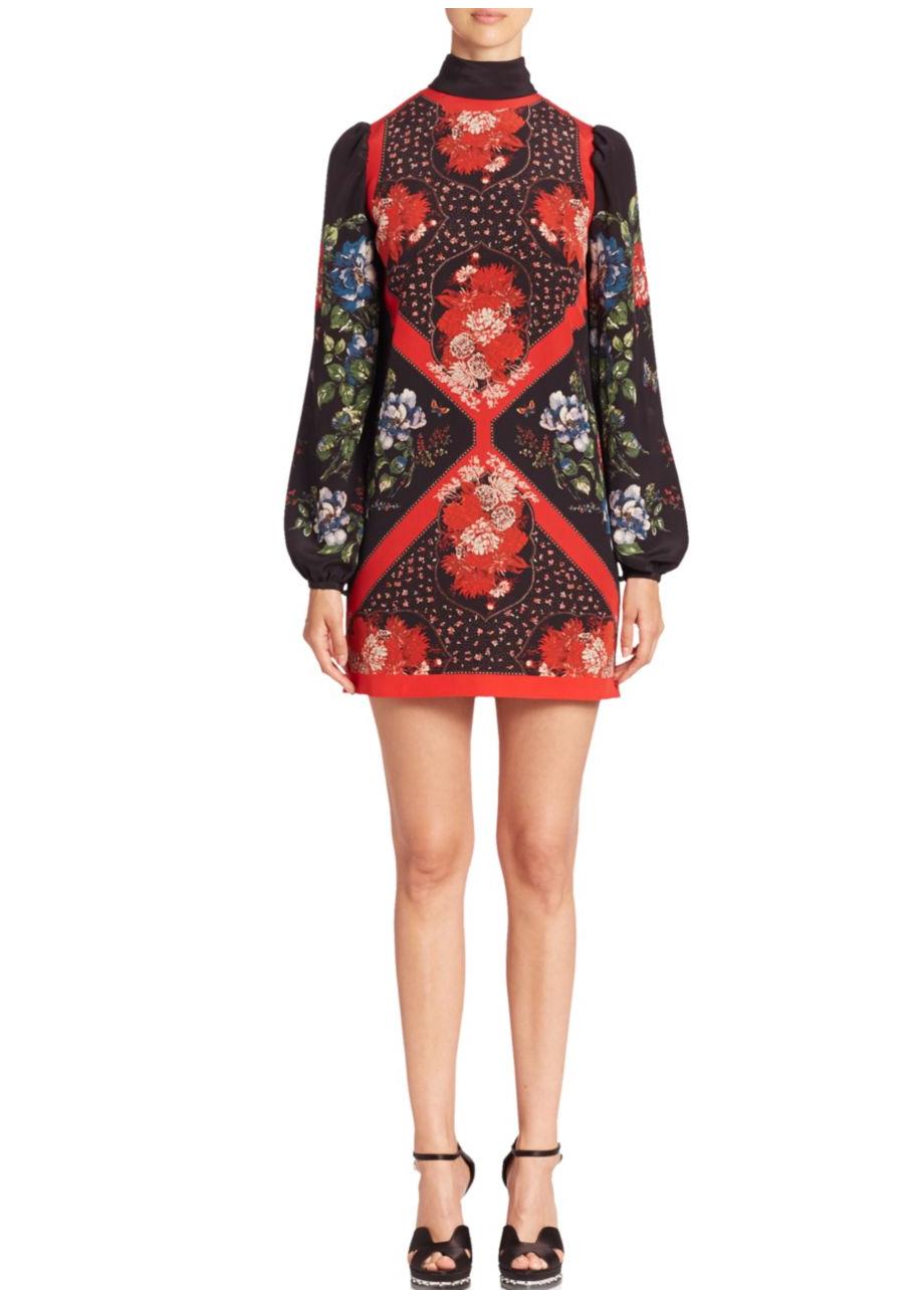 Alexander Mcqueen Red and black Silk Floral Shift Dress.  Straight cut body, buttons at back neck and cuffs, neck sash ties.  Brand new with tags and original retail price tag of $2480 attached.  Marked size IT38 (USA 2). To fit 32-33” at bust,