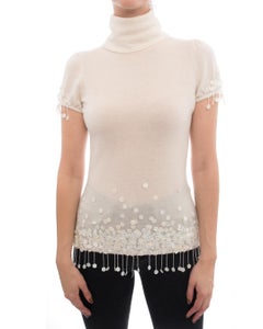 Chanel 04A Ivory Cashmere Knit Top with Sequin Bead Fringe - 6