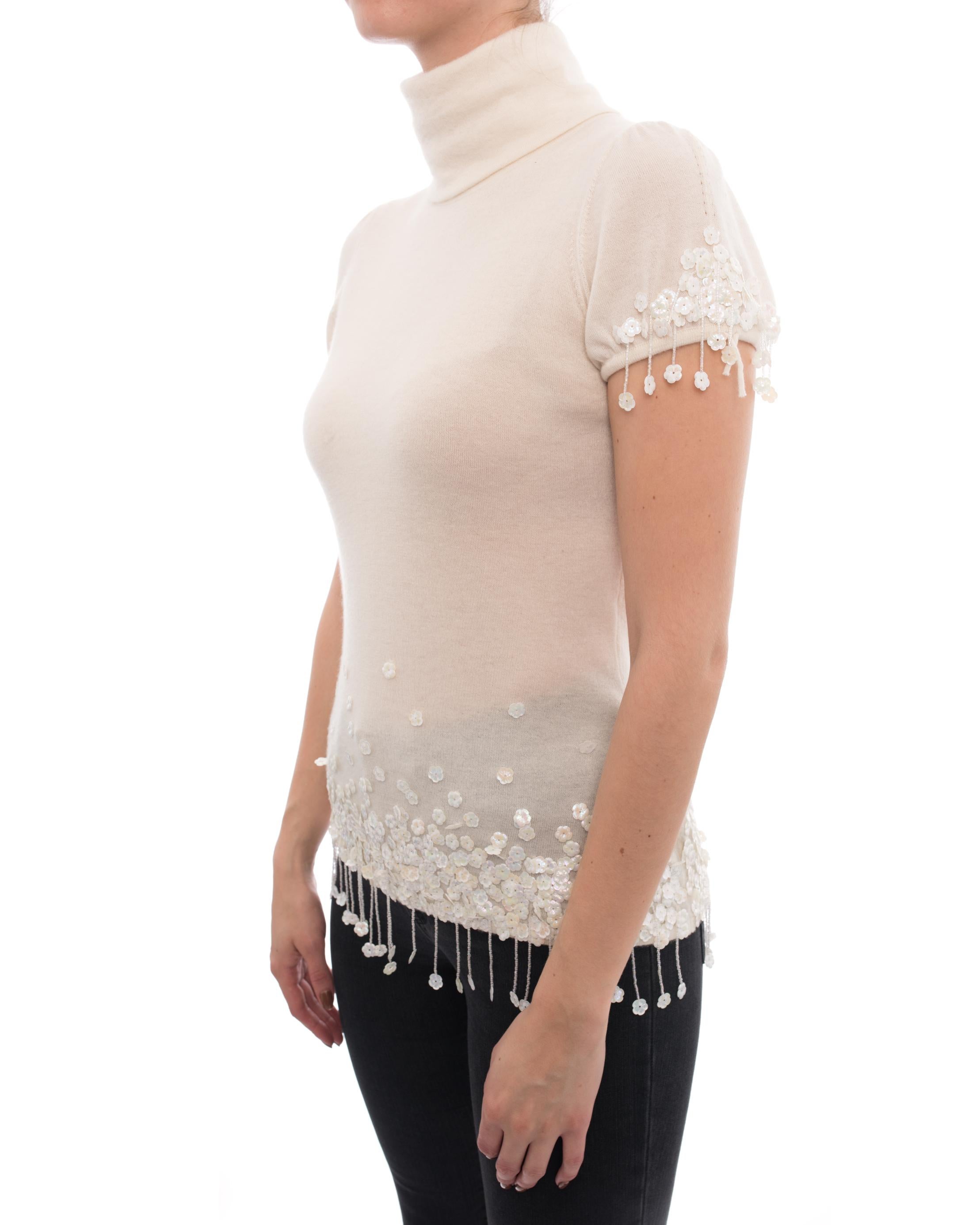 Beige Chanel 04A Ivory Cashmere Knit Top with Sequin Bead Fringe - 6