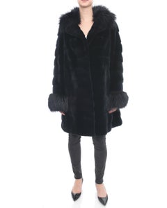 Holt Renfrew Midnight Sheared Mink and Fox Fur Trim Coat - 12