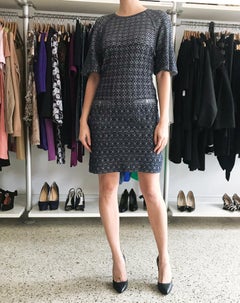 Chanel Blue Grey Silver Shimmer Knit Dress with Front Pockets - 10