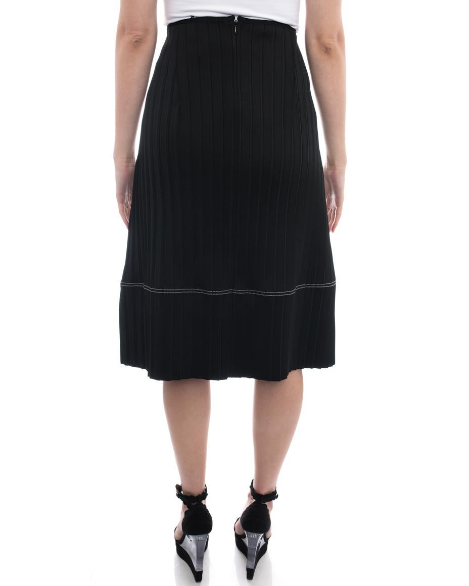 Women's Celine Black Flat Pleat A-Line skirt with White Topstitching - M