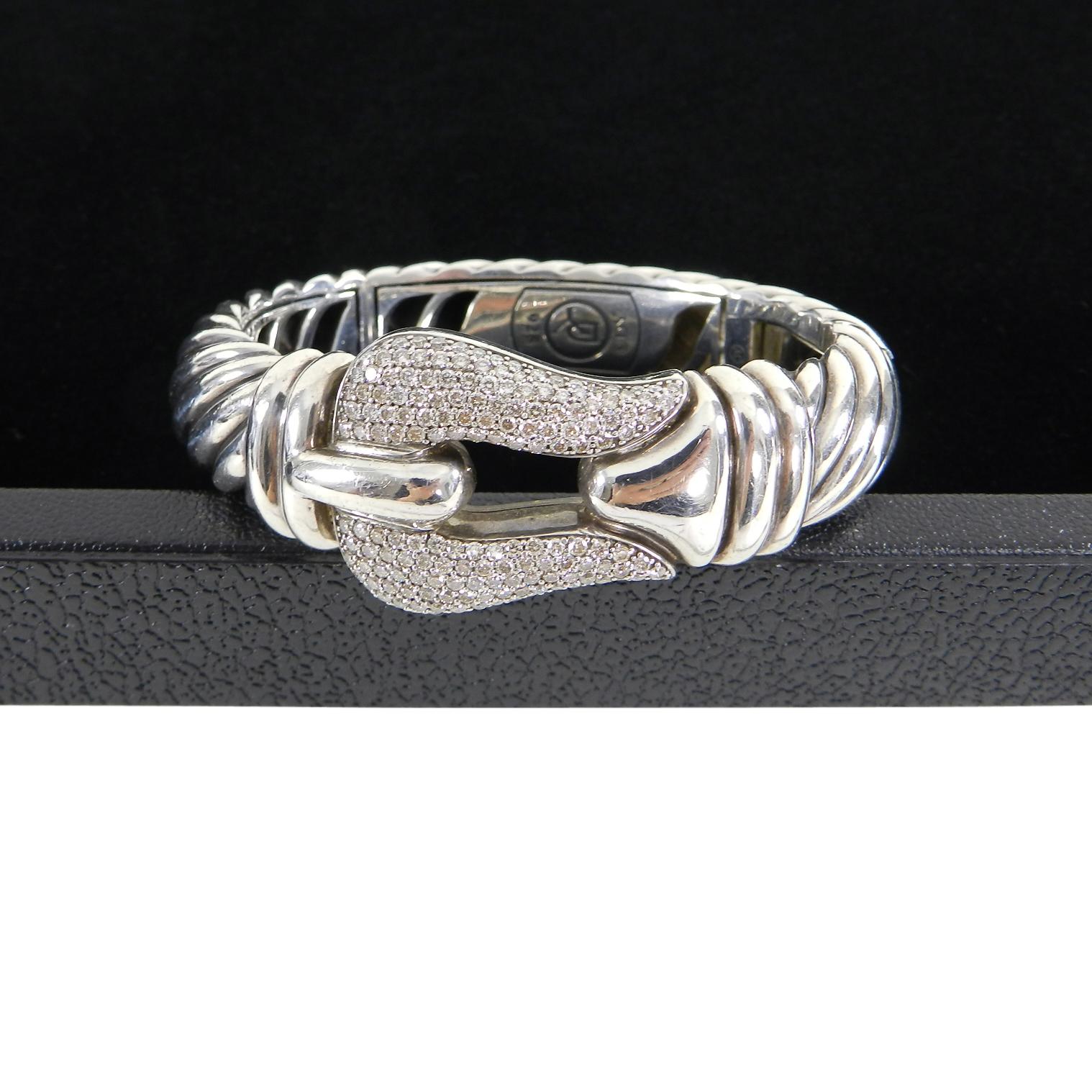 Women's or Men's David Yurman Sterling and Pave Diamond 15mm Cable Buckle Bracelet