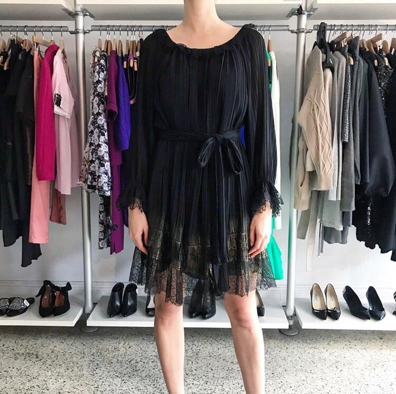 Alberta Ferretti Black Boho Dress with Gold Lace Hem.  Look book photo from the Resort 2016 collection is pictured for reference. Full tent dress with matching sash belt and slip liner.  Scoop neck, vertical pleated fabric, gold lace hem.  Marked