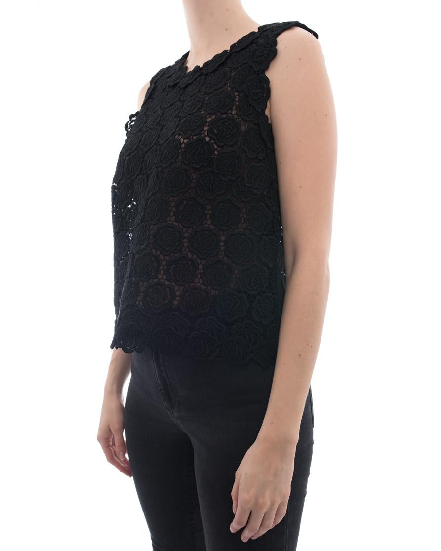Valentino Black Guipure Lace Roses Sleeveless Top.  Thick sheer guipure lace fabric with grosgrain ribbon side trim, back neck button, and straight cut body.  Size tag has been removed but fits like an IT44 (USA 8).  Garment bust measures 38” and is