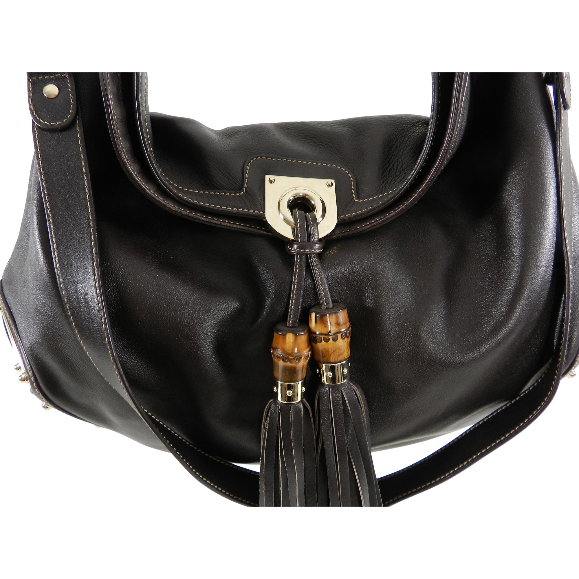 Black Gucci Brown Leather Indy Hobo Large Bag with Bamboo Tassels