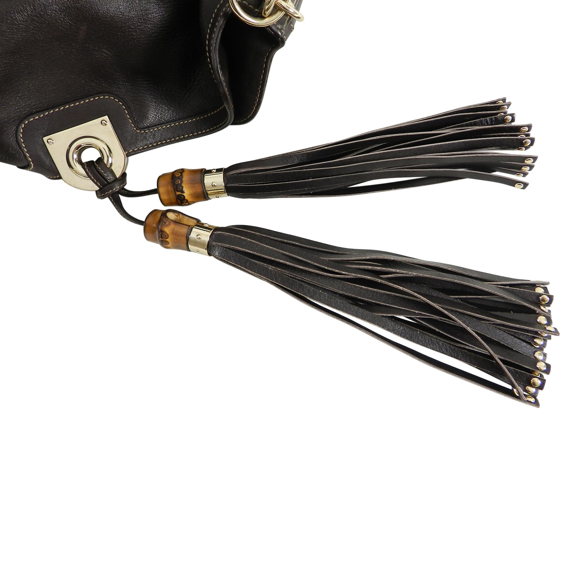 Women's or Men's Gucci Brown Leather Indy Hobo Large Bag with Bamboo Tassels