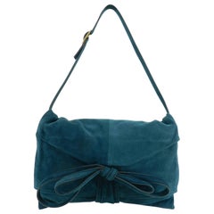 Valentino Dark Green Teal Suede Ribbon Shoulder Bag