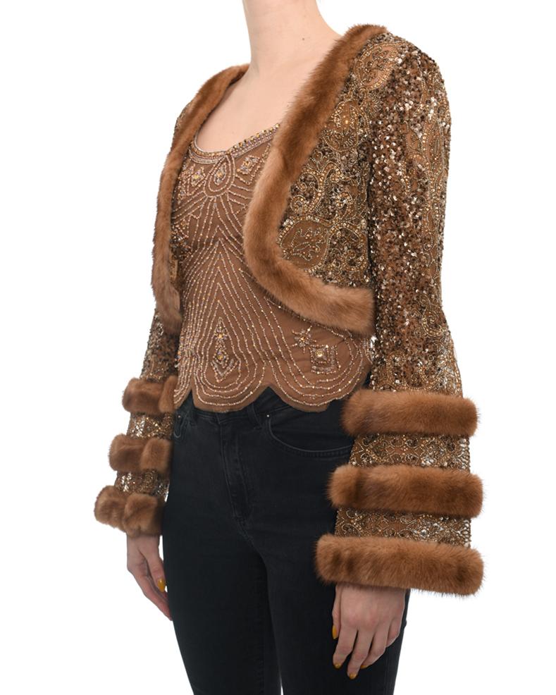 Reem Acra light Brown Beaded Tank and Mink Trim Crop Jacket - 2 In Excellent Condition In Toronto, ON