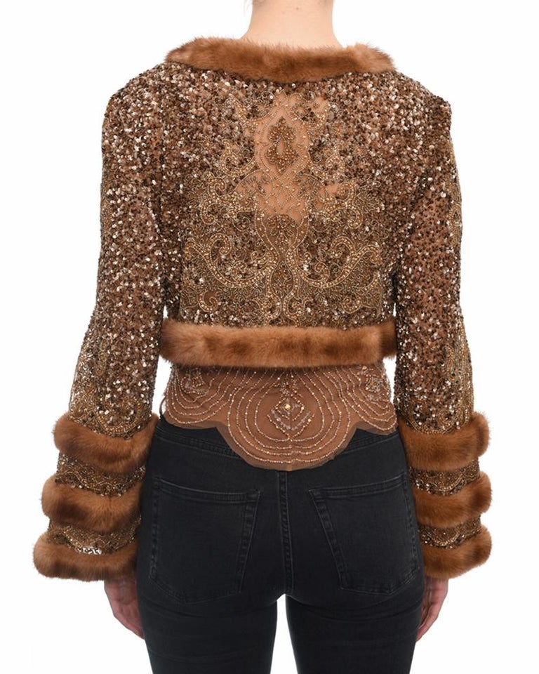 Reem Acra light Brown Beaded Tank and Mink Trim Crop Jacket - 2 at 1stDibs