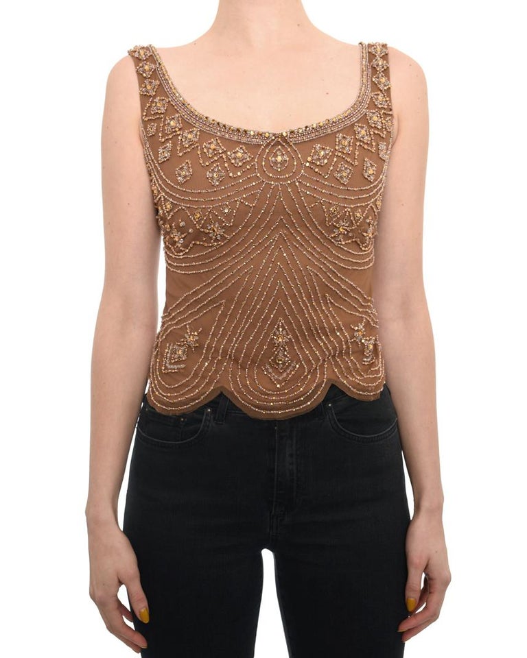 Reem Acra light Brown Beaded Tank and Mink Trim Crop Jacket - 2 at 1stDibs