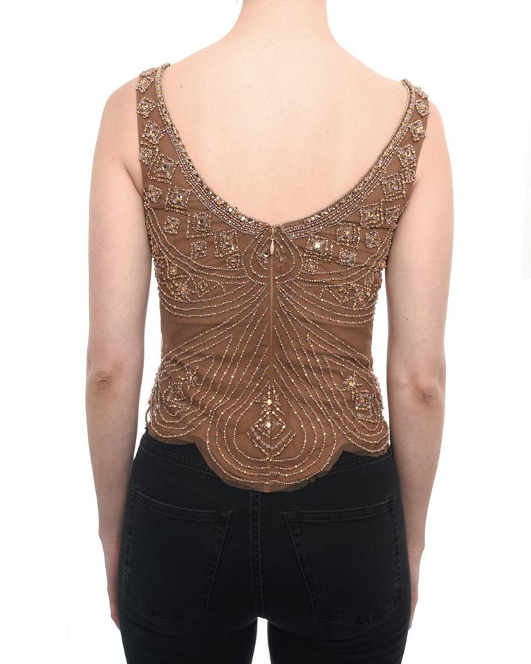 Reem Acra light Brown Beaded Tank and Mink Trim Crop Jacket - 2 at 1stDibs