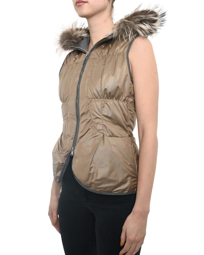 Brown Brunello Cucinelli Light Taupe Puffer Vest with Fur Hood - XS
