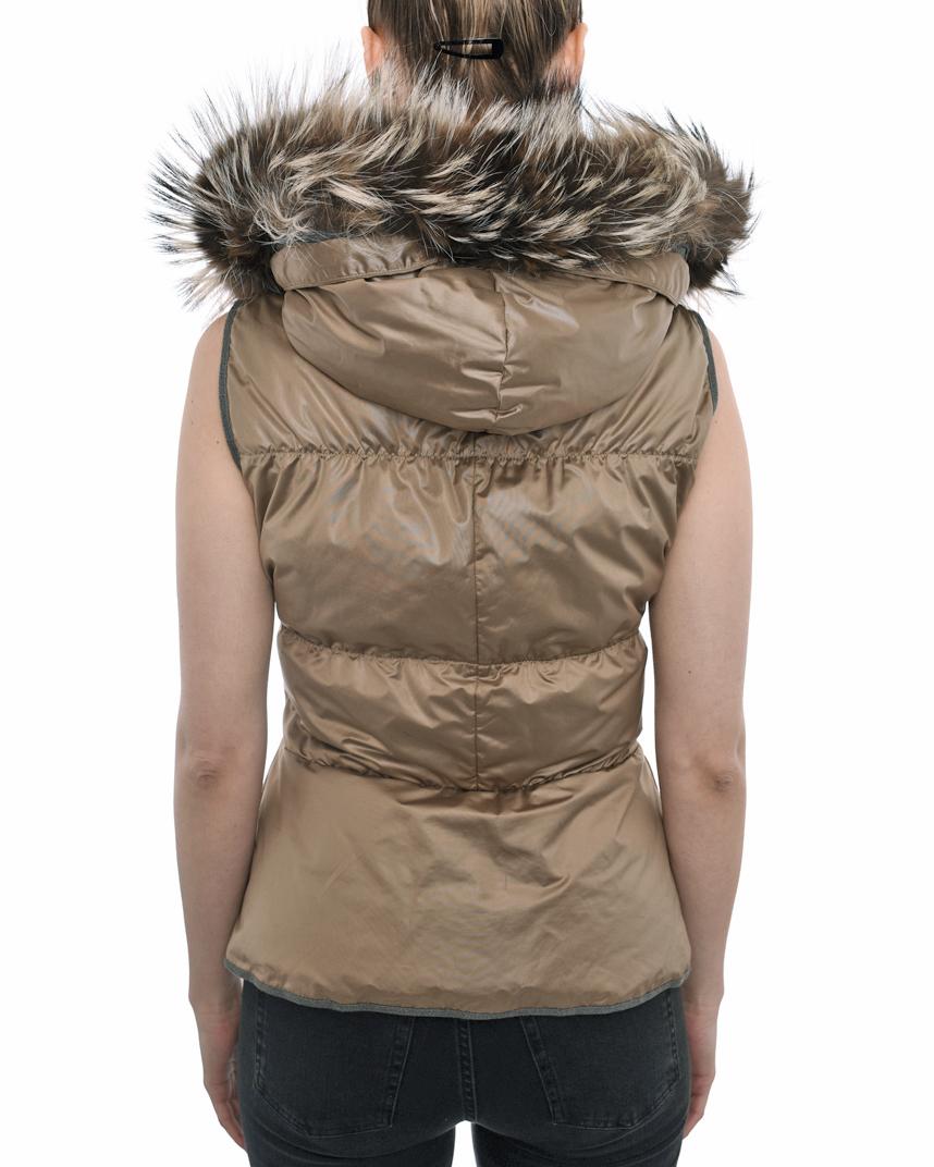 Brunello Cucinelli Light Taupe Puffer Vest with Fur Hood - XS In Excellent Condition In Toronto, ON