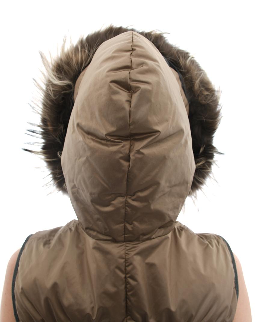 Women's Brunello Cucinelli Light Taupe Puffer Vest with Fur Hood - XS