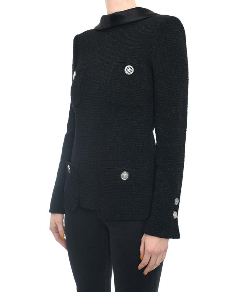 Chanel 17S Black Tweed Jacket with V Back and Satin Collar - 6 1