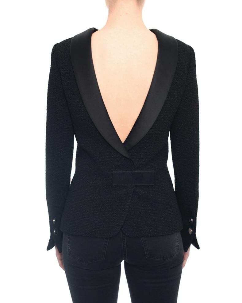 Chanel 17S Black Tweed Jacket with V Back and Satin Collar - 6 2