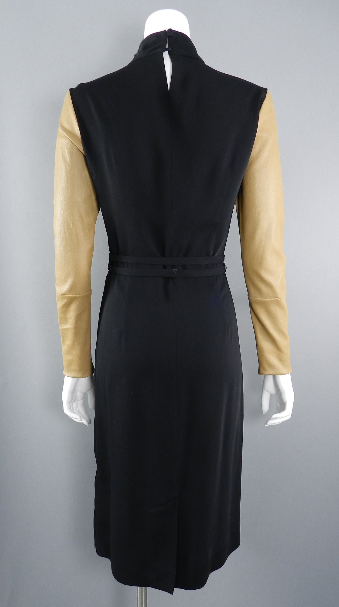 Maison Martin Margiela Black Dress with Tan Leather Sleeves In Excellent Condition In Toronto, ON