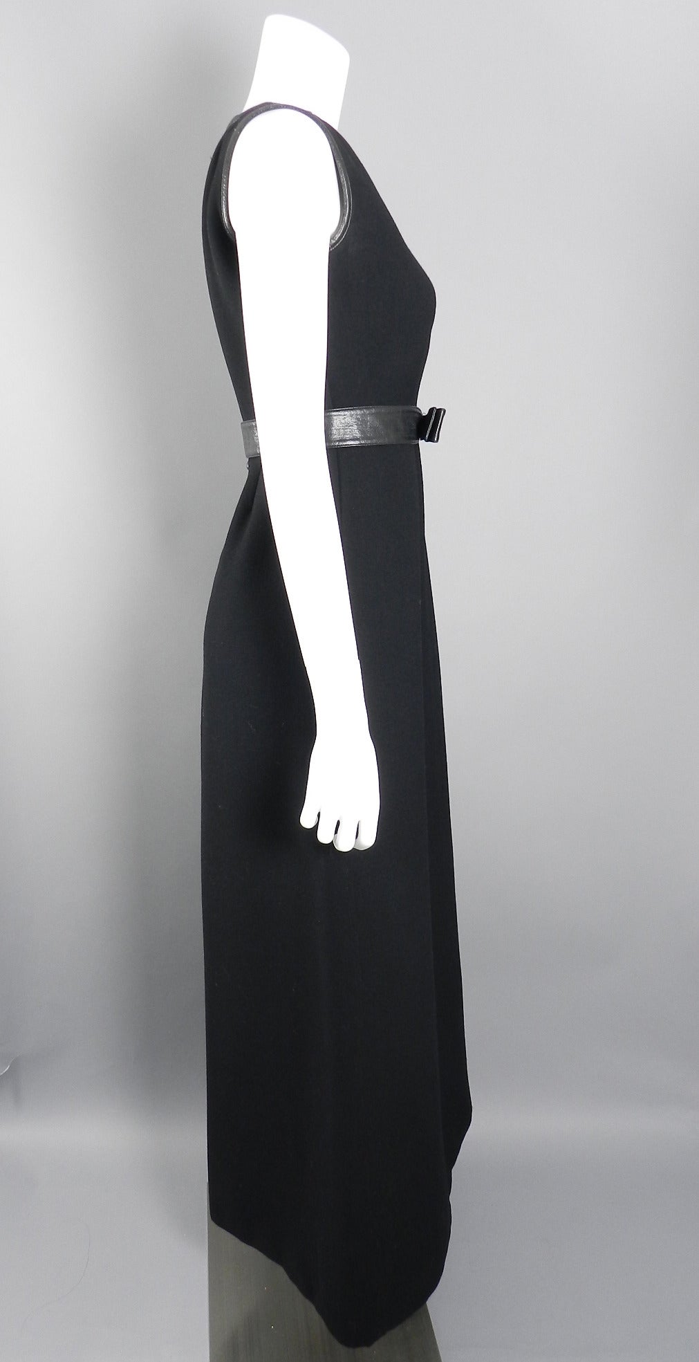 Courreges Vintage 1960's Black Wool Long Gown with Vinyl Trim In Excellent Condition In Toronto, ON