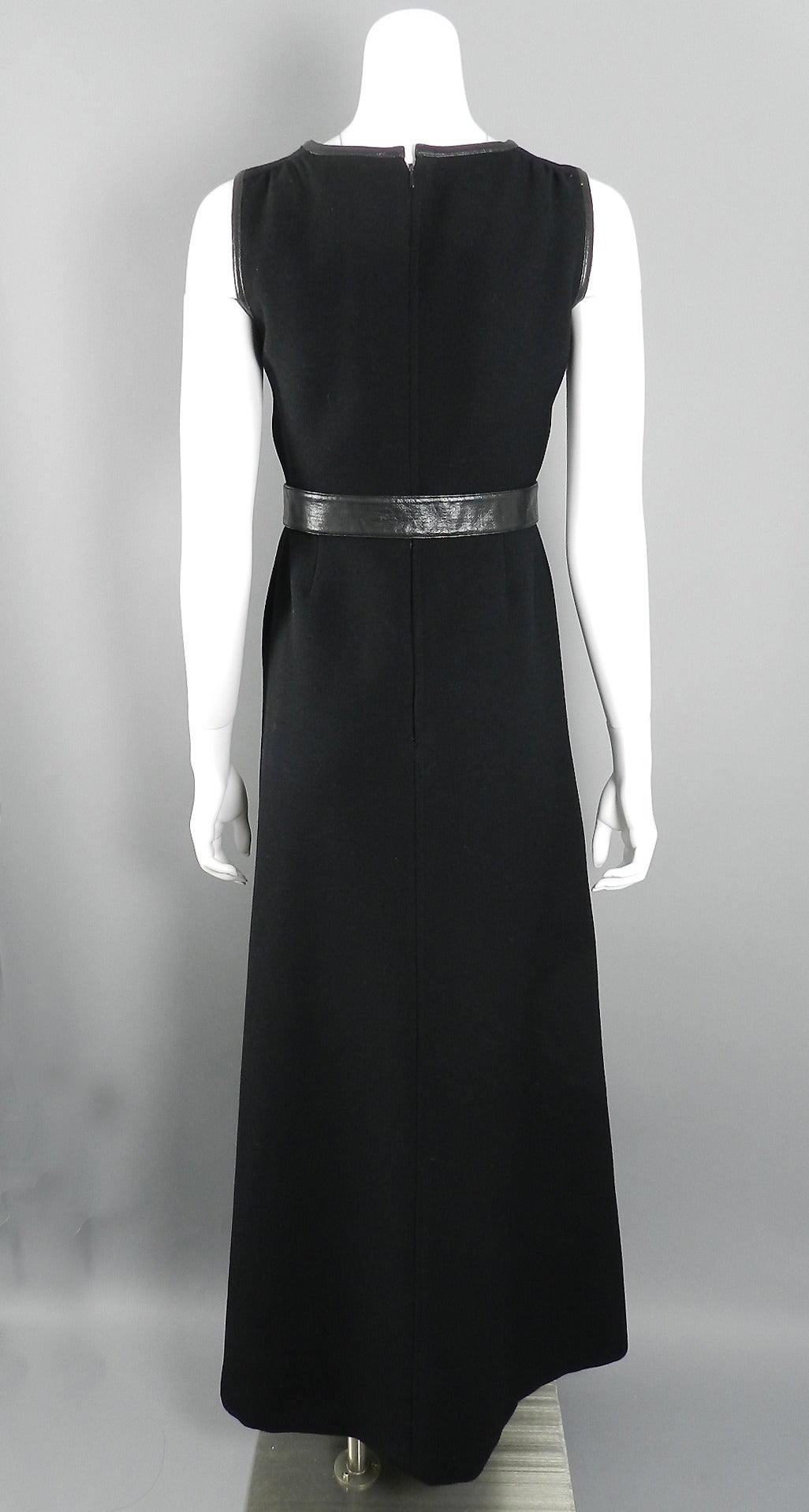 Women's Courreges Vintage 1960's Black Wool Long Gown with Vinyl Trim