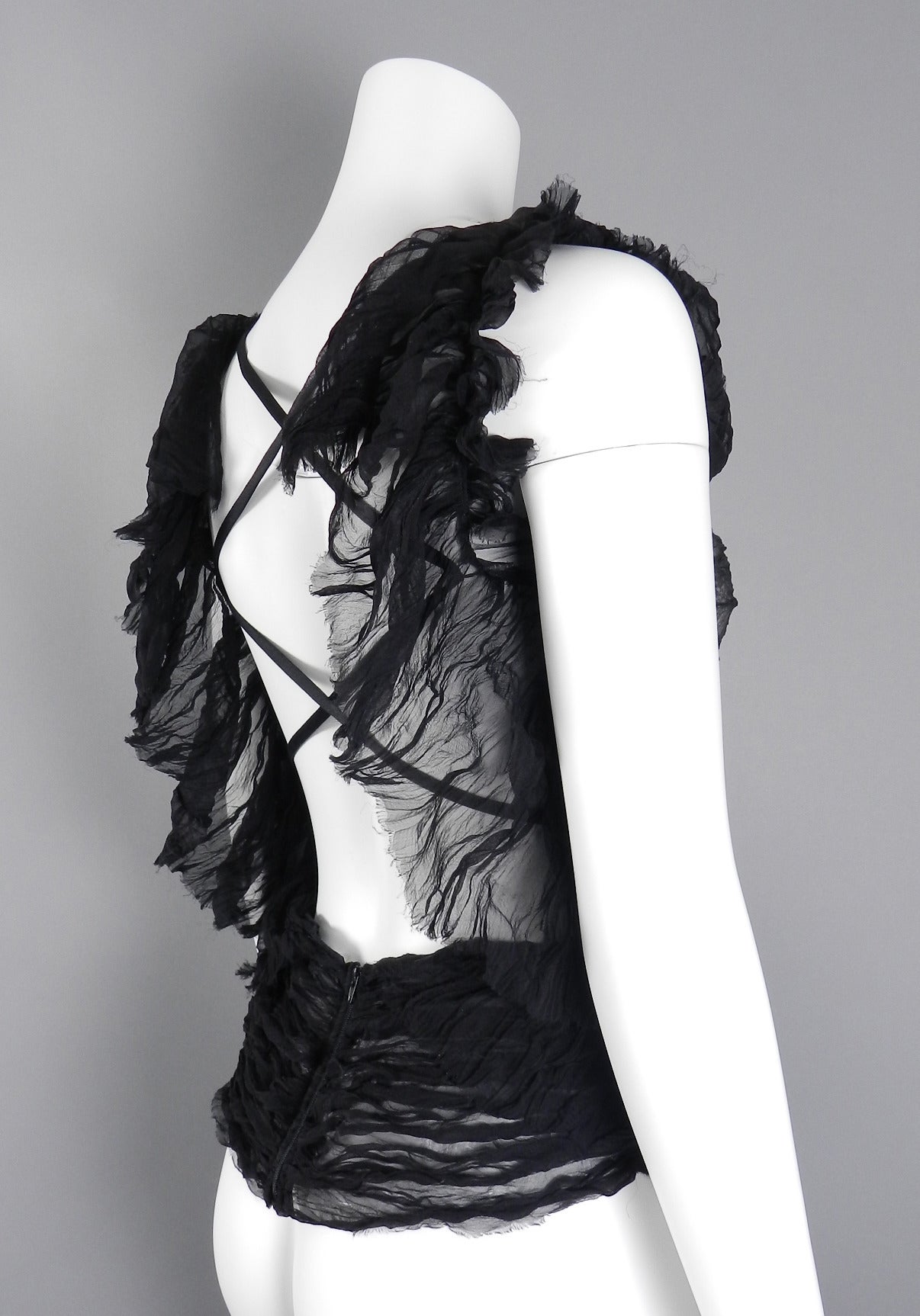 Alexander McQueen Spring 2002 black sheer silk top. Light sheer chiffon with open lace-up back and zipper closure at back waist. Tagged size IT 44 (approx. USA 8). The garment waist is 30