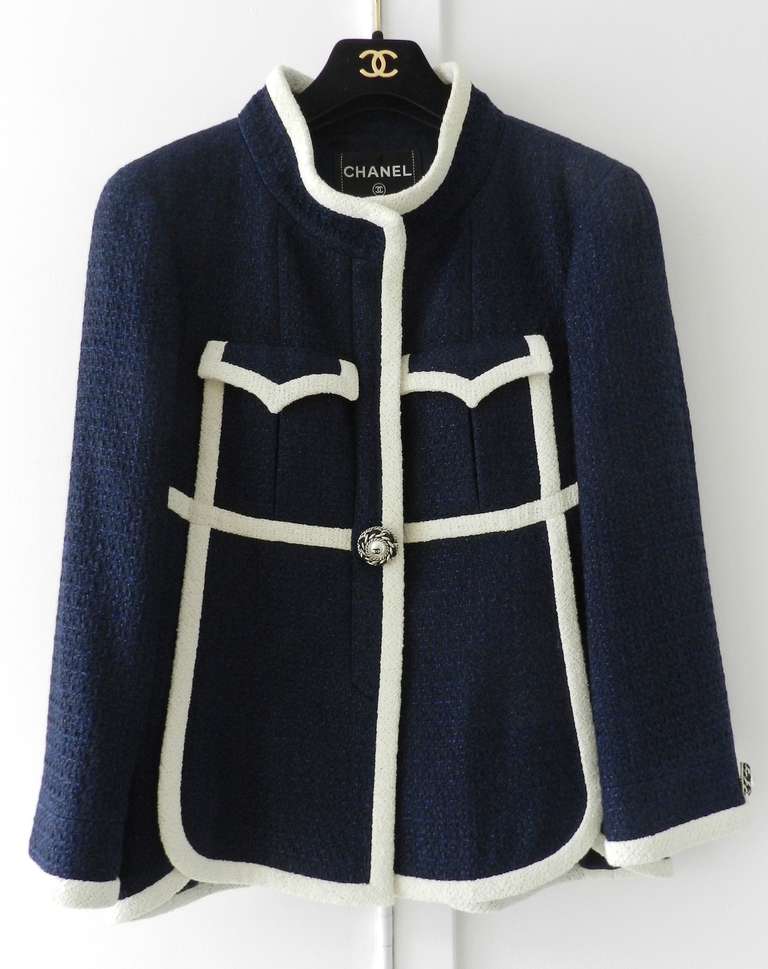 Chanel Navy and White Jacket with Pearl Button at 1stDibs