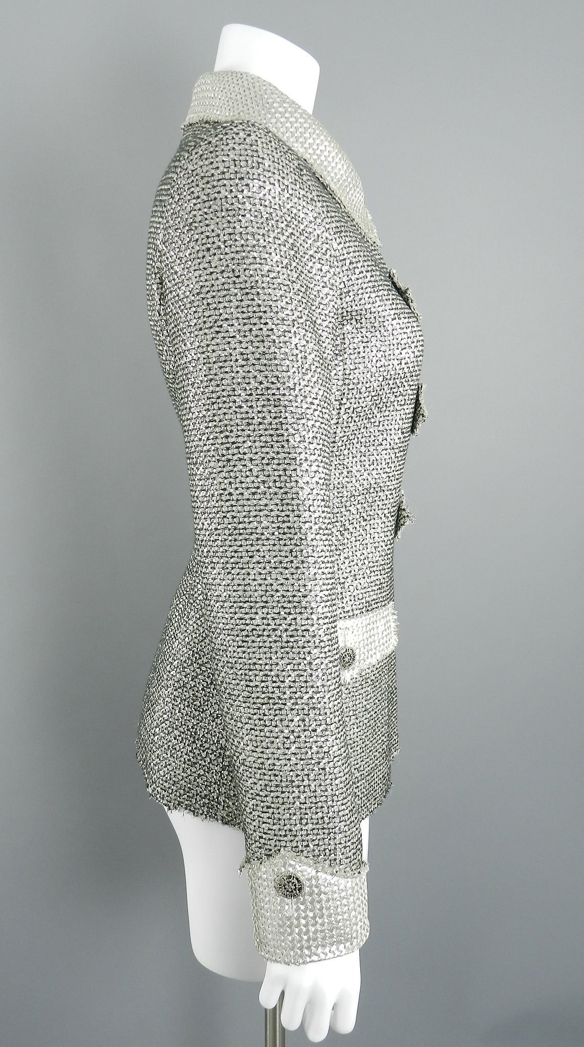 Chanel 2010 Resort Runway Silver Metallic Lame Jacket In Excellent Condition In Toronto, ON