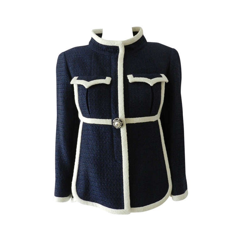 Chanel Navy and White Jacket with Pearl Button at 1stDibs