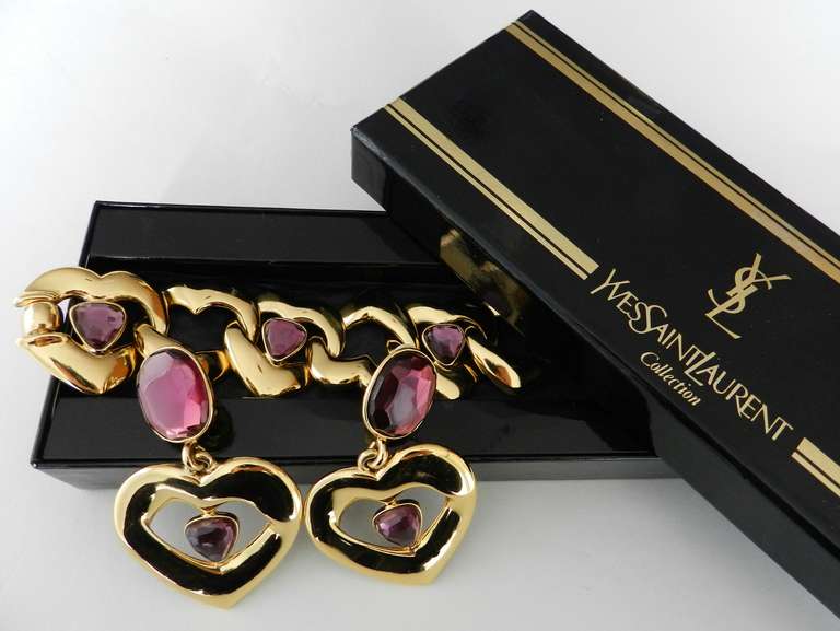 Vintage 1990's Yves Saint Laurent Purple Heart Bracelet / Earrings In New Condition In Toronto, ON