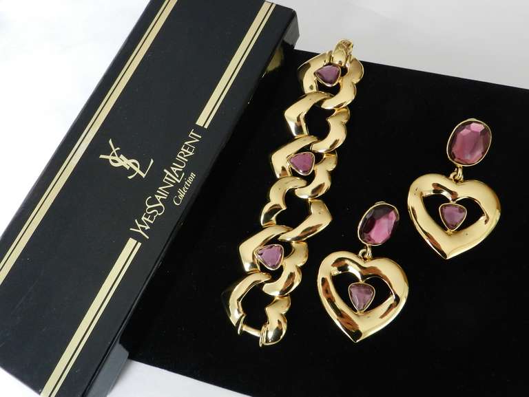 Women's Vintage 1990's Yves Saint Laurent Purple Heart Bracelet / Earrings