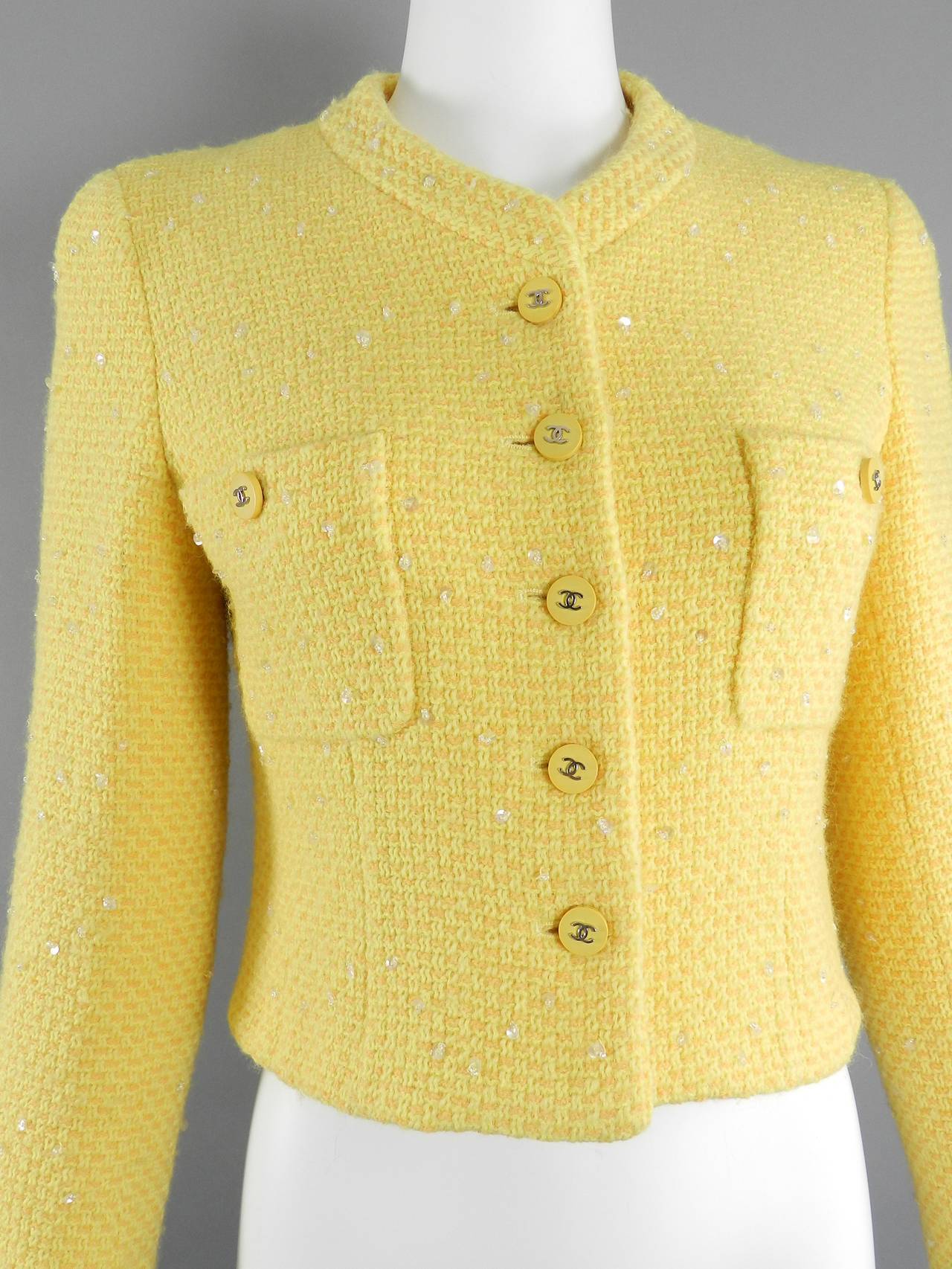 Chanel 1996 Spring runway collection jacket with sequins. Excellent previously owned vintage condition. Tagged size FR 40 (this is like a modern Chanel 38 - USA 6). To fit 34