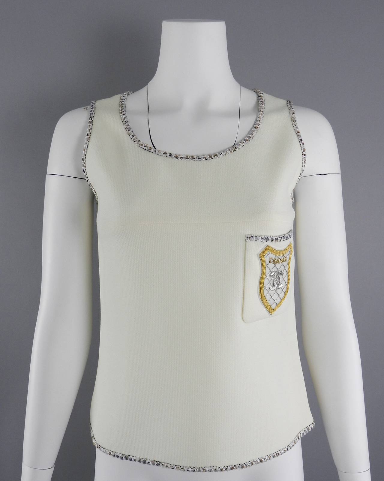 Chanel 05C White Tank Top With CC Crest Design In Excellent Condition In Toronto, ON
