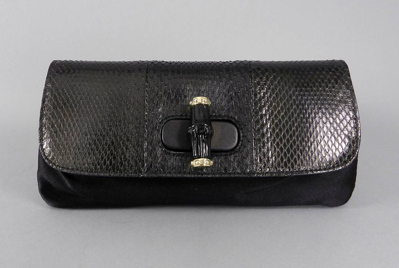 Gucci Black Satin and Python Small Clutch with Bamboo Clasp 2