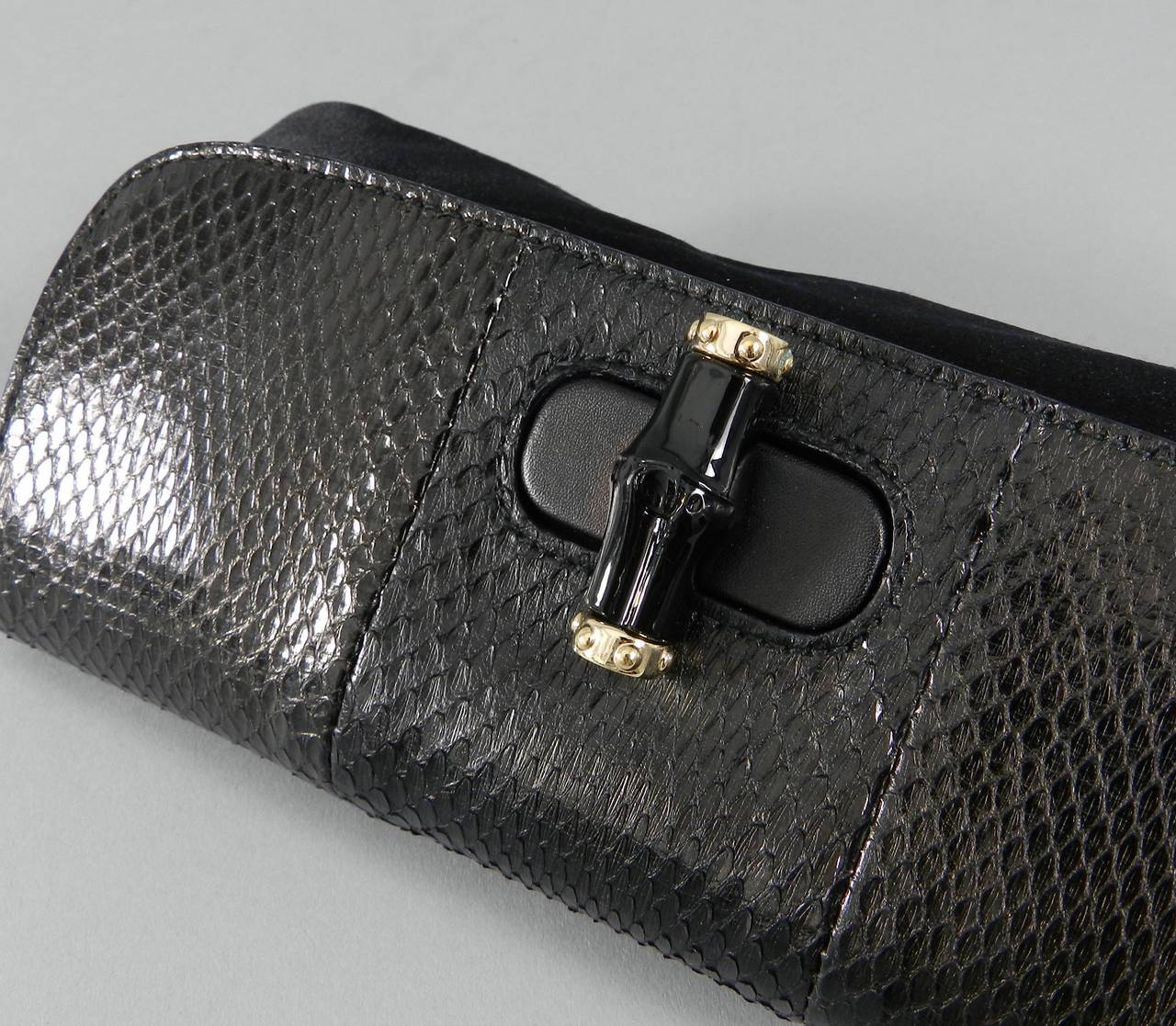 Gucci Black Satin and Python Small Clutch with Bamboo Clasp In Excellent Condition In Toronto, ON