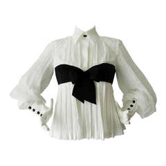 Chanel 09P White Pleated Blouse w Black Silk Ribbon