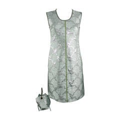 Prada Light Blue and Silver Metallic Brocade Mod Dress and Purse
