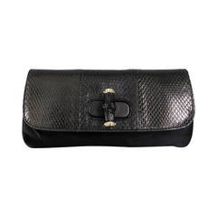 Gucci Black Satin and Python Small Clutch with Bamboo Clasp