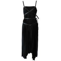 Prada Black Pleated Strappy Dress with Leather Trim