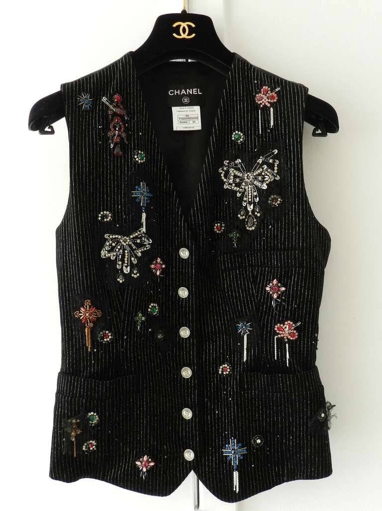 Chanel 08A Black Velvet Jewelled Runway Vest In Excellent Condition In Toronto, ON
