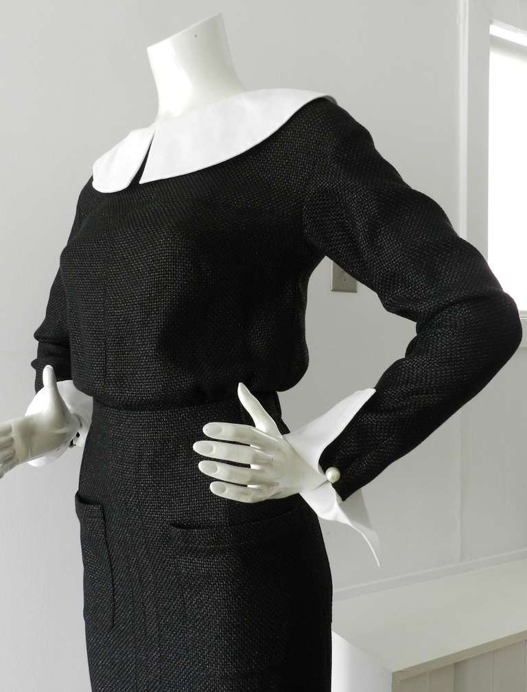 Chanel Spring 2013 Black Runway Gown with White Collar / Cuffs In Excellent Condition In Toronto, ON