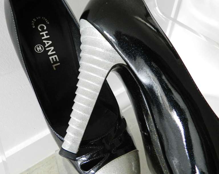 Chanel Black Patent and White Shimmer Heel Shoes 1