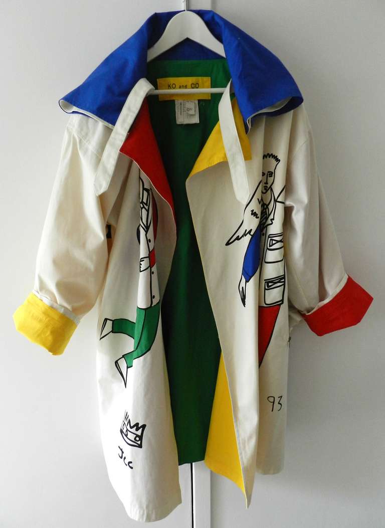 1993 Vintage Ko and Co deadstock unworn coat by Jean-Charles de Castelbajac. Cotton with bright primary colors. Signed JCC at bottom right hem along with design name 