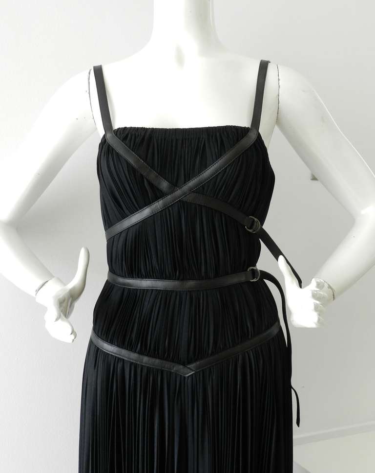 Prada Black Pleated Strappy Dress with Leather Trim In Excellent Condition In Toronto, ON