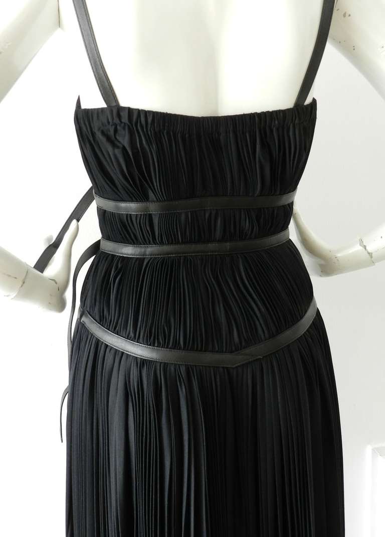 Women's Prada Black Pleated Strappy Dress with Leather Trim