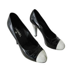 Chanel Black Patent and White Shimmer Heel Shoes