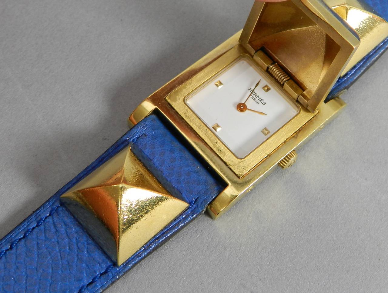 Women's Hermes Medor Blue Leather Goldtone Stud Watch