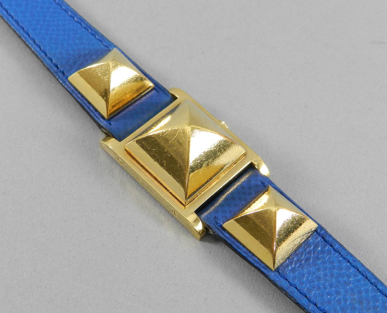 Hermes Medor Blue Leather Goldtone Stud Watch 4