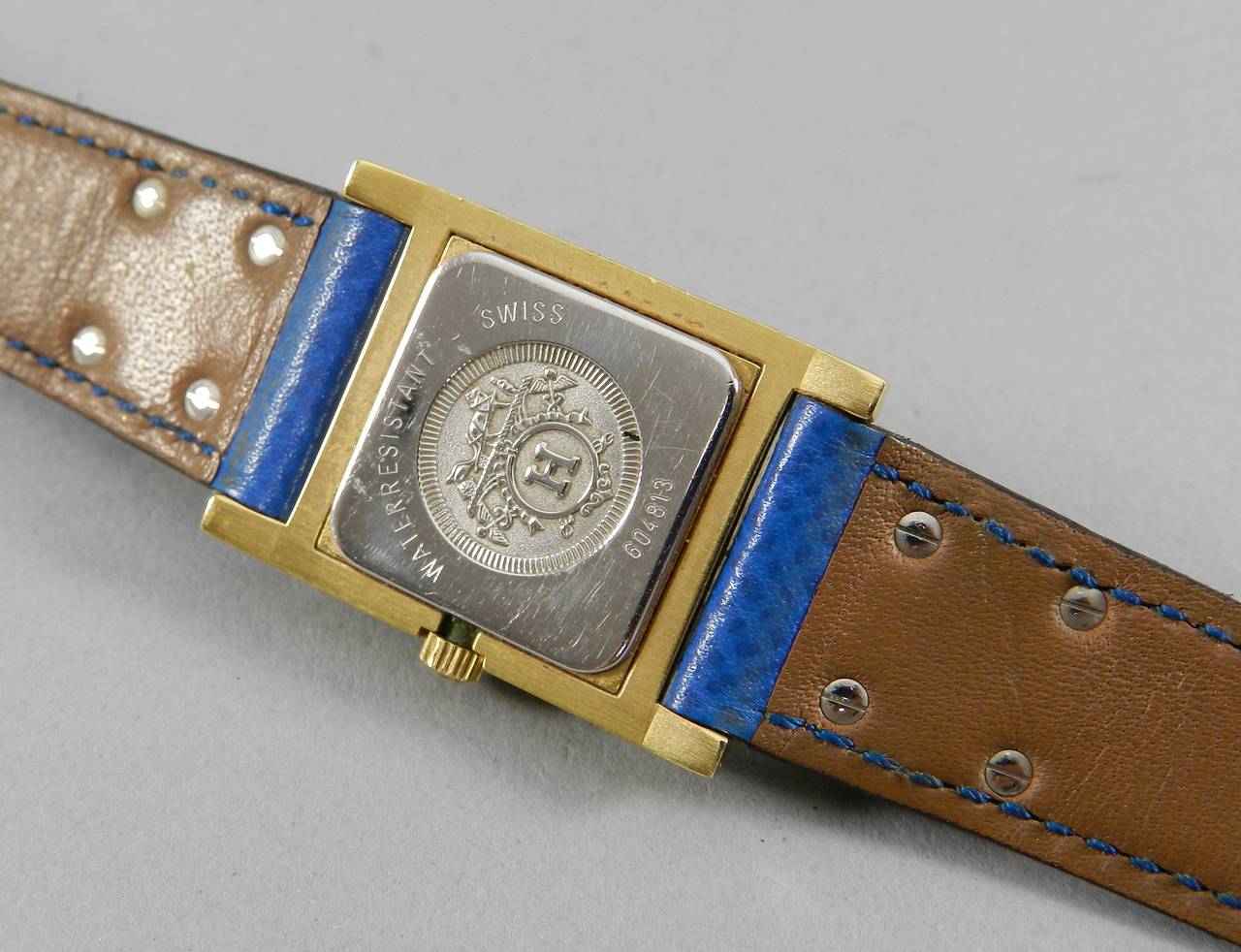 Hermes Medor Blue Leather Goldtone Stud Watch 5