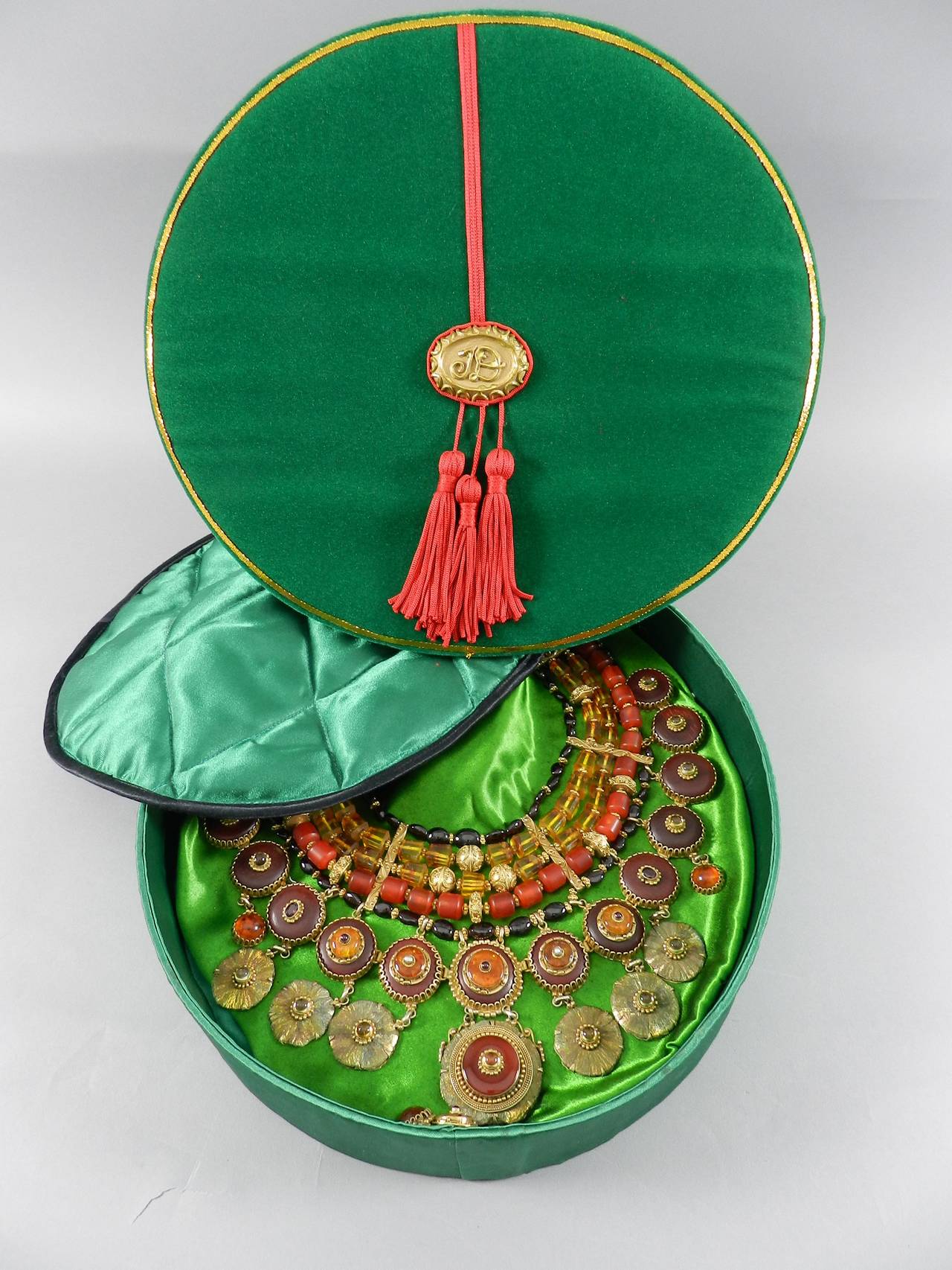 Tony Duquette 1999 Talisman Bib Necklace in Box - Amber and Garnet