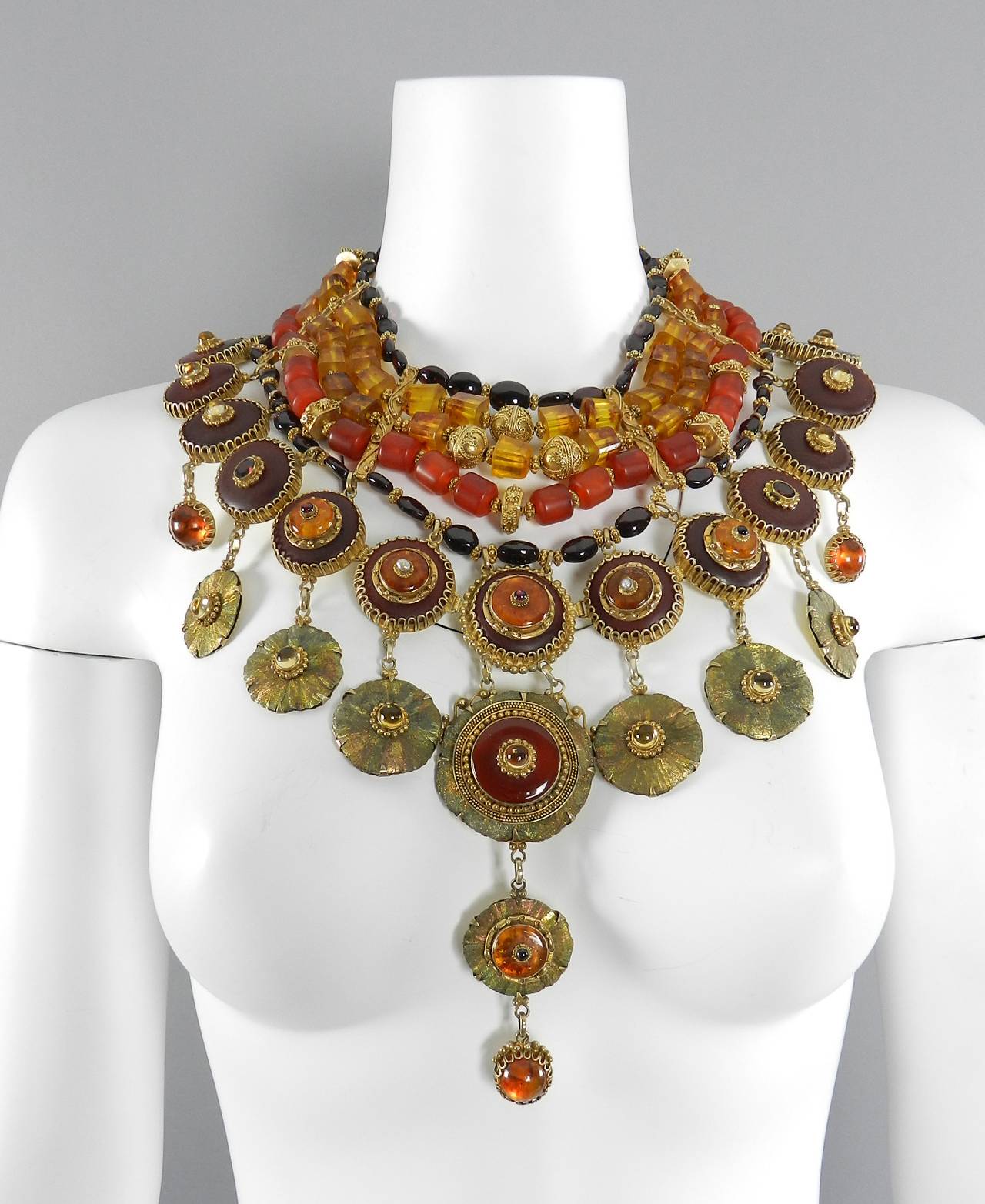 Women's Tony Duquette 1999 Talisman Bib Necklace in Box - Amber and Garnet